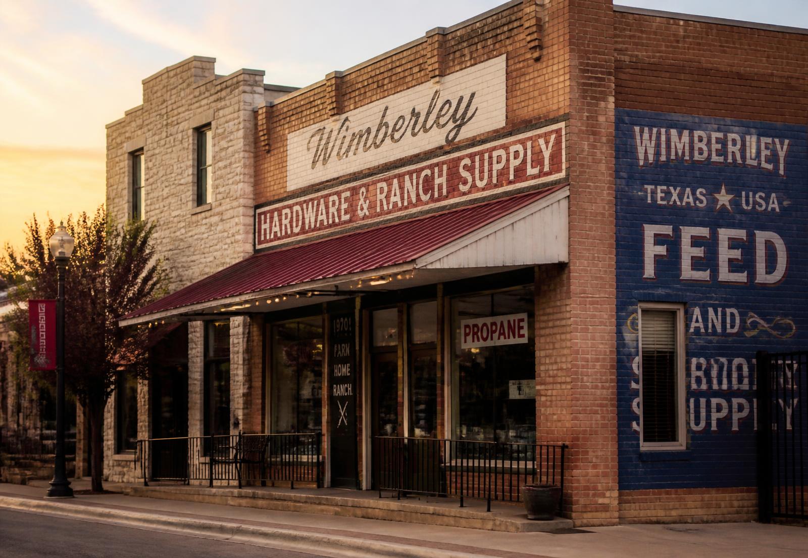 Independent hardware and ranch supply storefront on a small-town main street at golden hour